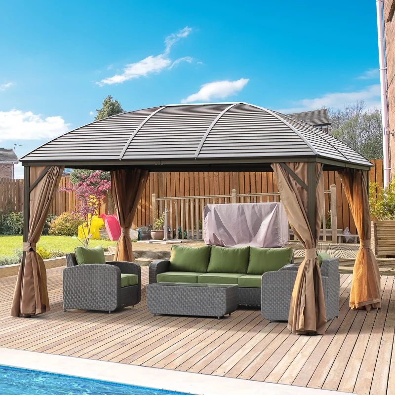 Outsunny 10' x 13' Hardtop Gazebo with Curtains, Netting, Pavilion with Steel Roof Ceiling Hook for Garden Patio, Brown