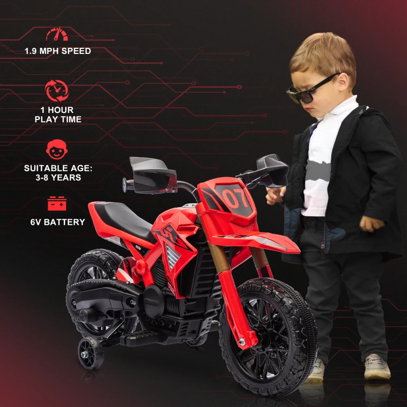 Qaba 6V Kids Motorcycle with Training Wheels, Horn & Start Sound, for 3-8 Years, Red