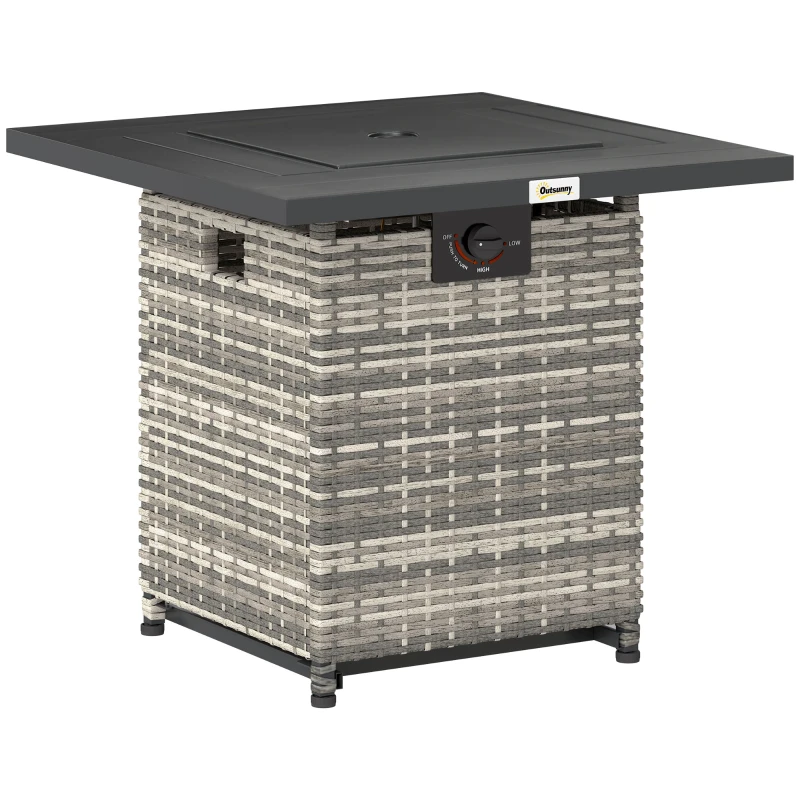 Outsunny 28 Inch Propane Fire Pit Table, 40,000 BTU Rattan Gas Fire Pit Table with Rain Cover, Mesh Lid, Lava Stone, Mixed Grey