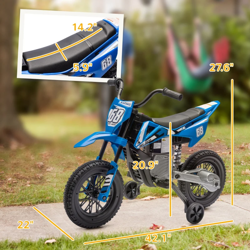 Qaba 12V Kids Electric Motorcycle w/ Twist Grip Throttle, Training Wheels, Rear Suspension & Music, Blue(m-3)