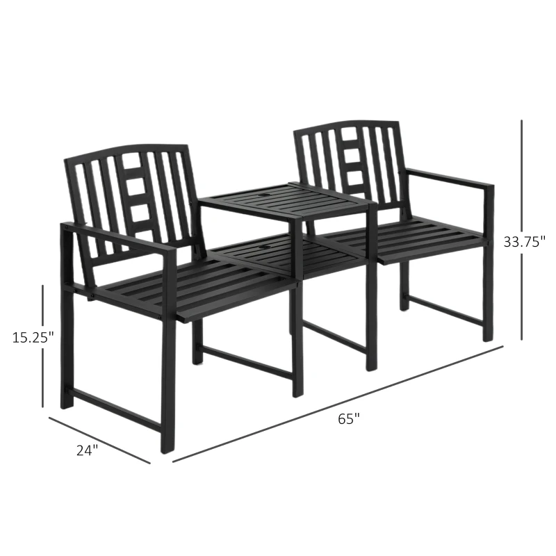 Outsunny Metal Garden Bench with Middle Table and Umbrella Hole, 2-in-1 Double Patio Chairs, Outdoor 2-person Tete-a-Tete, Slatted, Black(m-3)