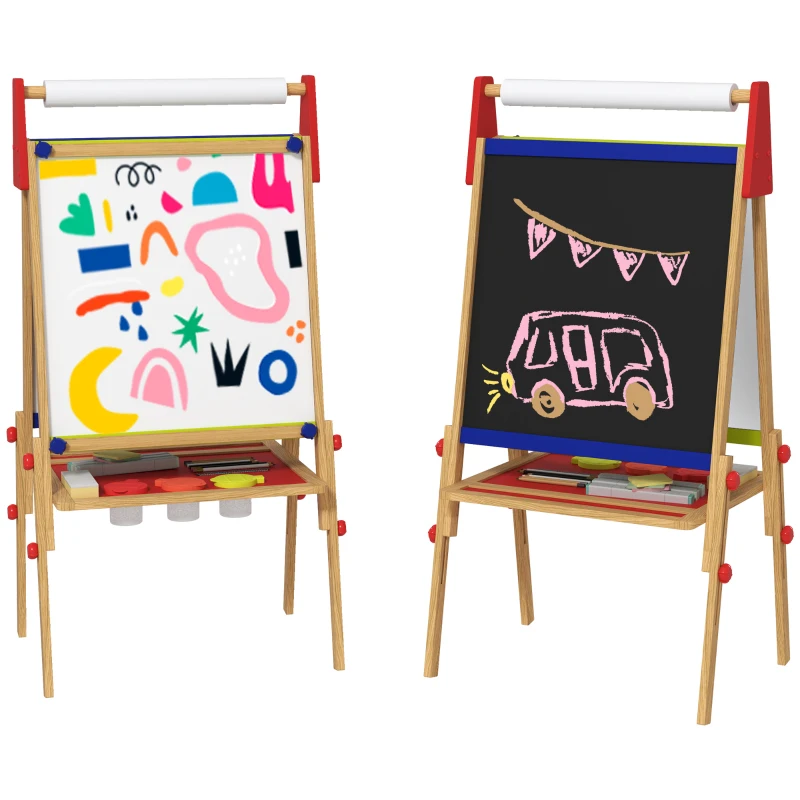 Qaba 3 in 1 Easel for Kids with Paper Roll, Whiteboard, Chalkboard, Double Sided & Adjustable Height, Nature Wood