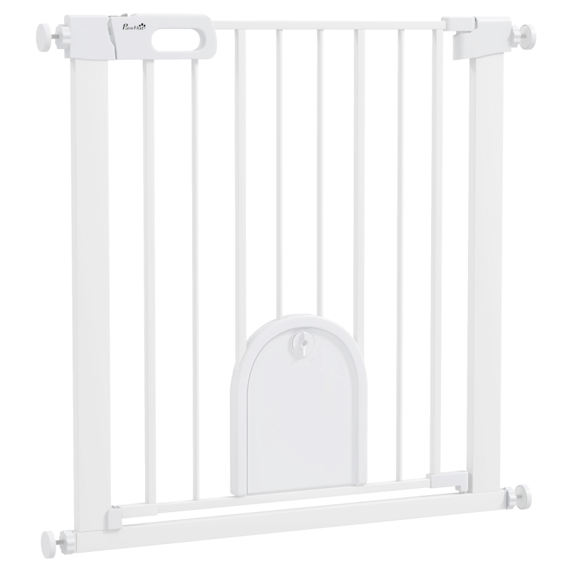 PawHut 30"-32" Extra Wide Pet Gate Barrier with Small Door, 30"H Dog Gate with Safety Gate Barrier, Stair Pressure Fit, White