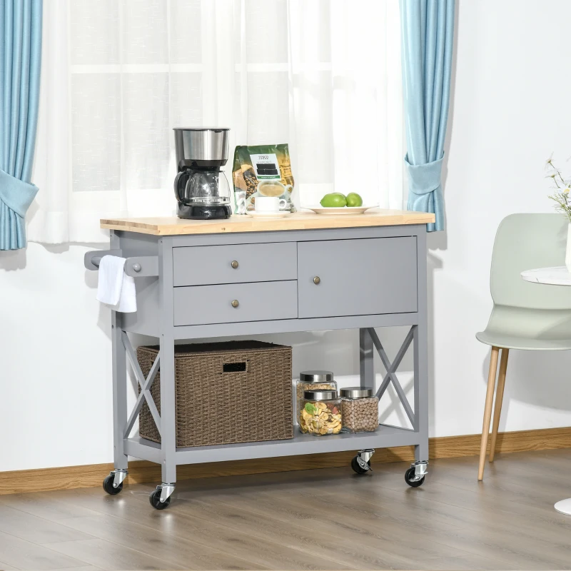 HOMCOM Rolling Kitchen Island Cart, Utility Trolley Cart with Rubberwood Top Storage Cabinet, 2 Drawers, Towel Rack, Grey