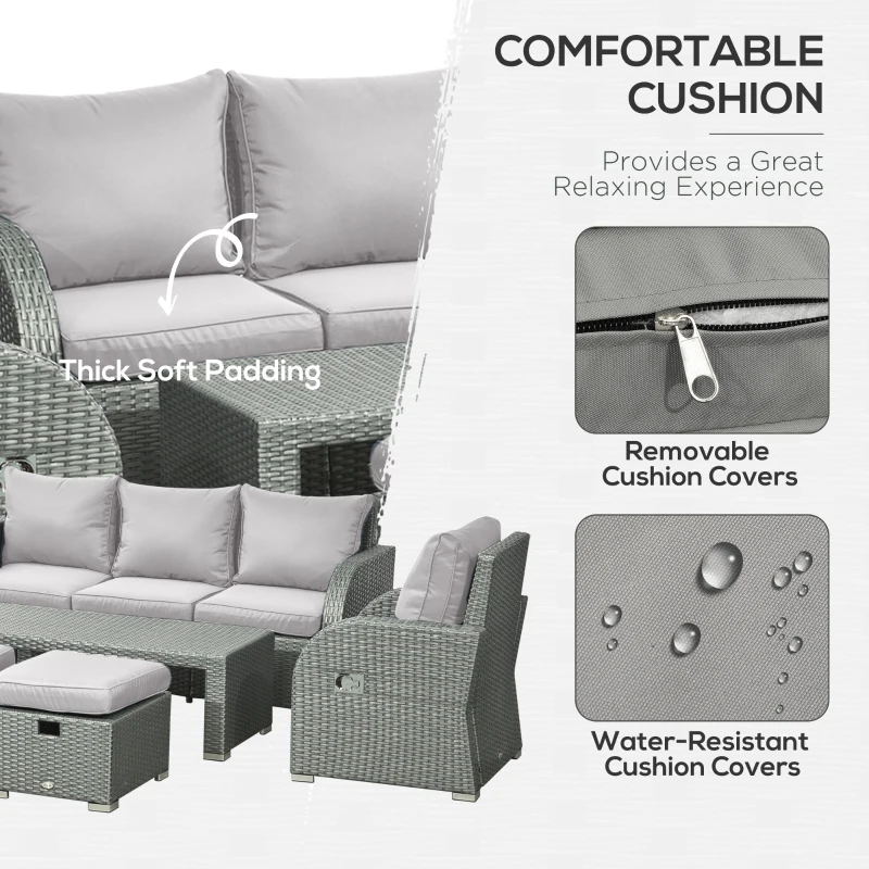 Outsunny 6-Piece Outdoor Rattan Patio Sectional Sofa Set with 3-Seat Couch, 2 Recliners, 2 Ottoman Footrests, & Coffee Table Conversation Set, Light Gray