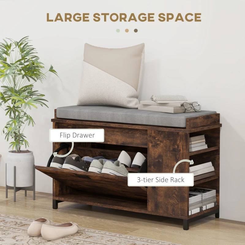 HOMCOM Shoe Storage with Seat, Upholstered Hallway Bench, Shoe Bench with Flip Drawer and Side Rack for 6 Pairs of Shoes