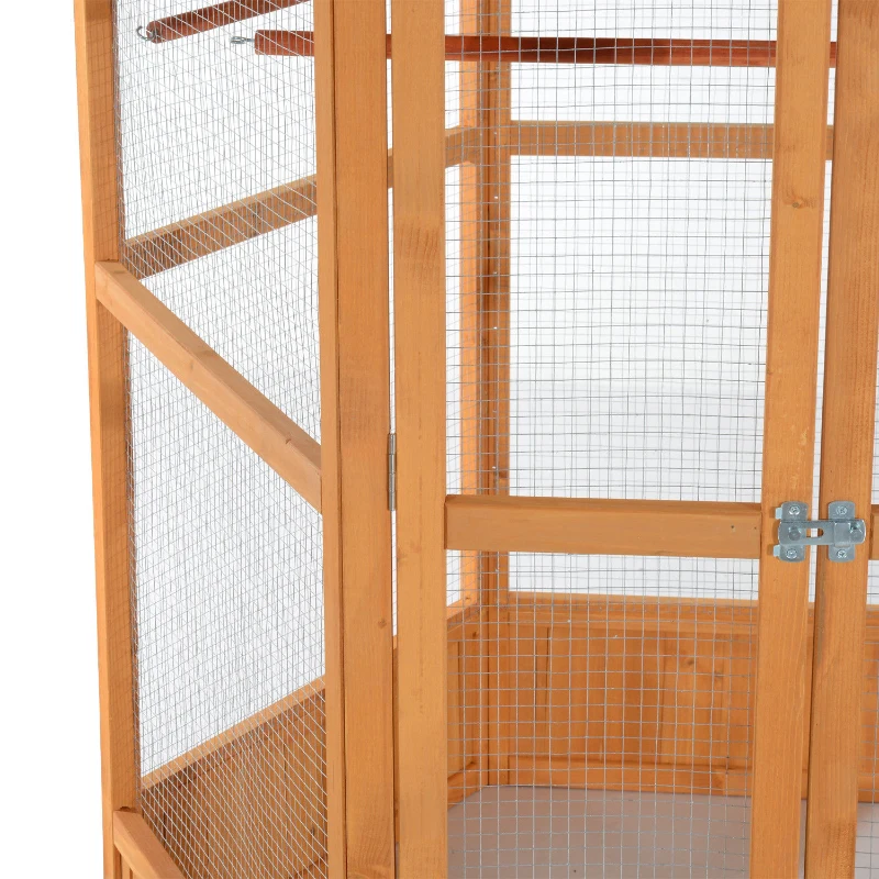 PawHut 69" Wooden Hexagonal Outdoor Aviary Flight Bird Cage With Covered Roof, Brown(m-7)