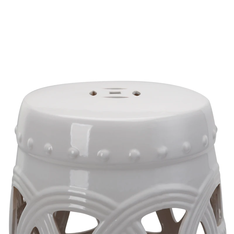 Outsunny 14" x 17" Ceramic Garden Stool with Double-Coin Knotted Ring Design & Strong Glazed Material, Decorative Outdoor Stool, Home Collection, White