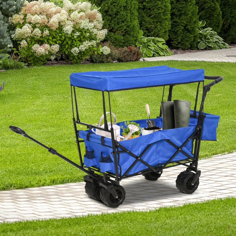 Outsunny Collapsible Folding Garden Utility Cart Wagon with Adjustable Push/Pull Handle, Canopy & All-Terrain Wheels, Blue