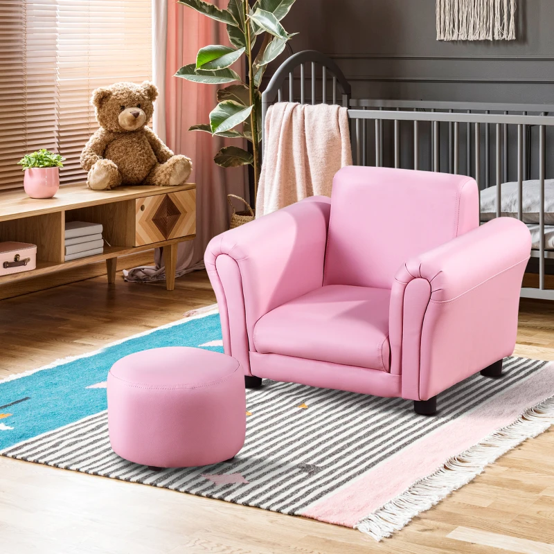 Qaba Kids Sofa Set with Footstool, Upholstered Armchair for Kids 18M+, Baby Sofa for Playroom, Children's Bedroom, Nursery Room, Pink