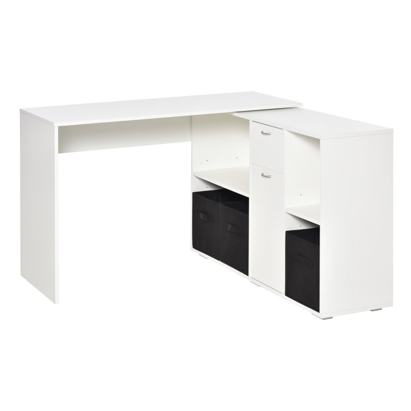 HOMCOM Convertible L-Shaped Computer Desk, Corner Table wth 3 Fabric Storage Boxes, Retractable Home Office Desk, White