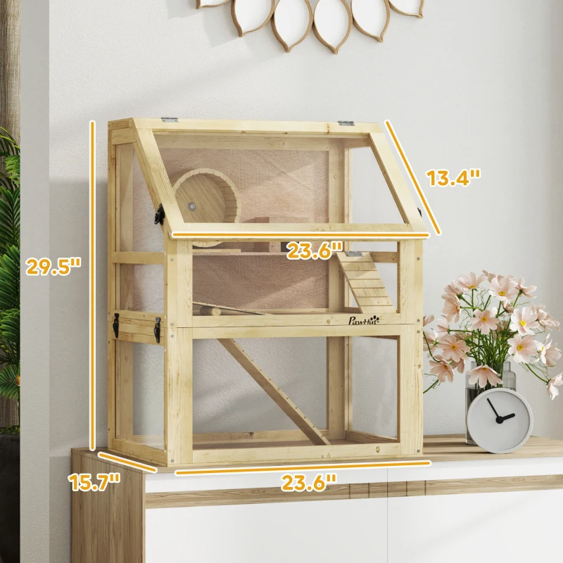 PawHut 3 Tier Wooden Hamster Cage w/ Detachable Bottom, Hut, Seesaw, Exercise Wheel, Ramps, 24" x 16" x 29.5"
