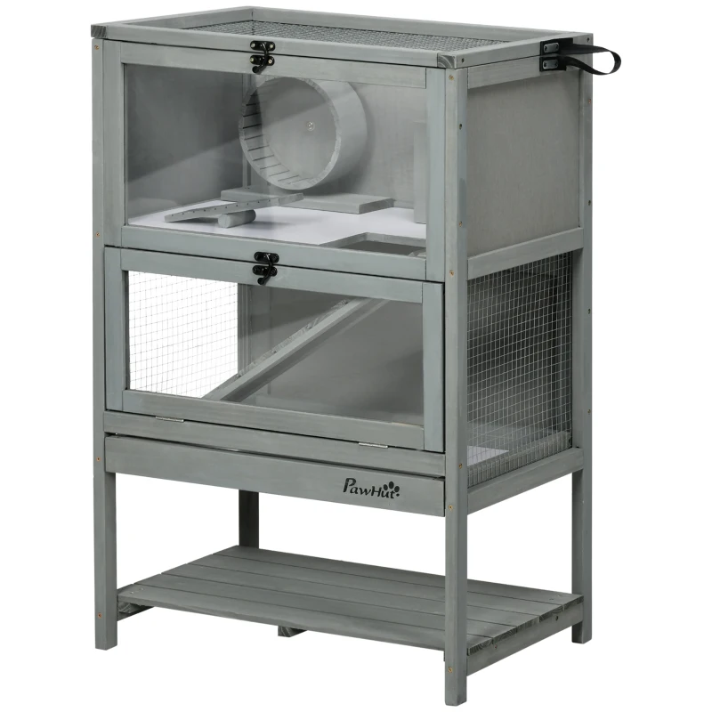 PawHut Wooden Hamster Cage, Mice Rodent Small Animals Kit Hutch with Storage, Sliding Tray Seesaw Running Wheel Lockable Roof