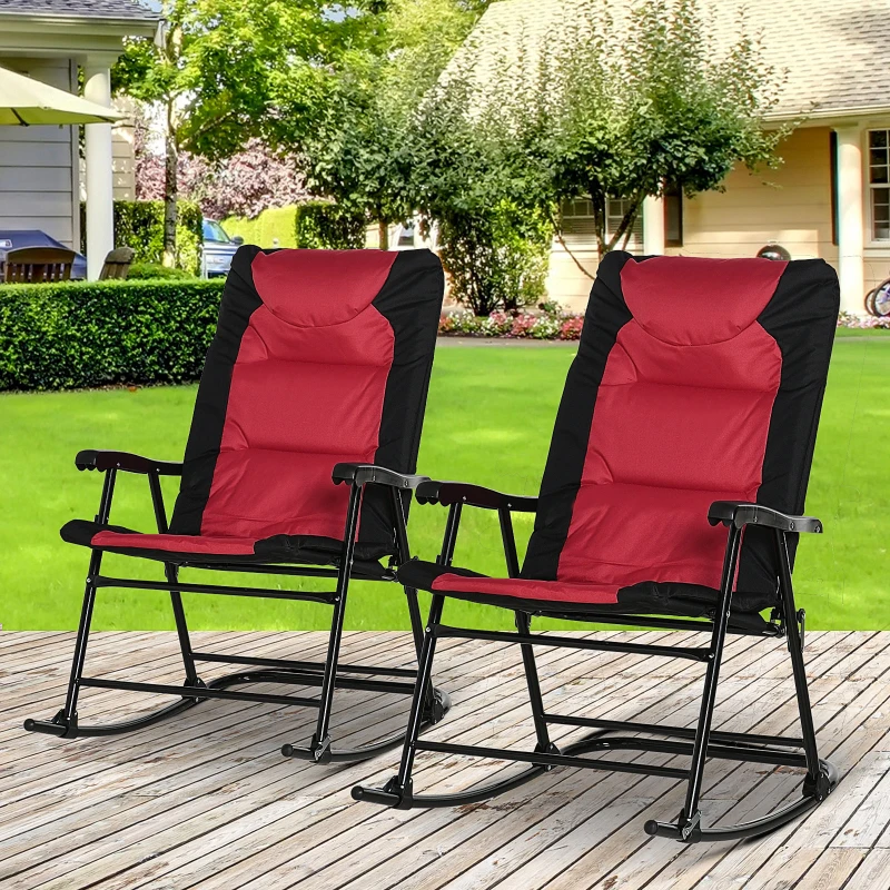 Outsunny Folding Rocking Chair Set of 2 Padded Rockers with Armrest, Red & Black