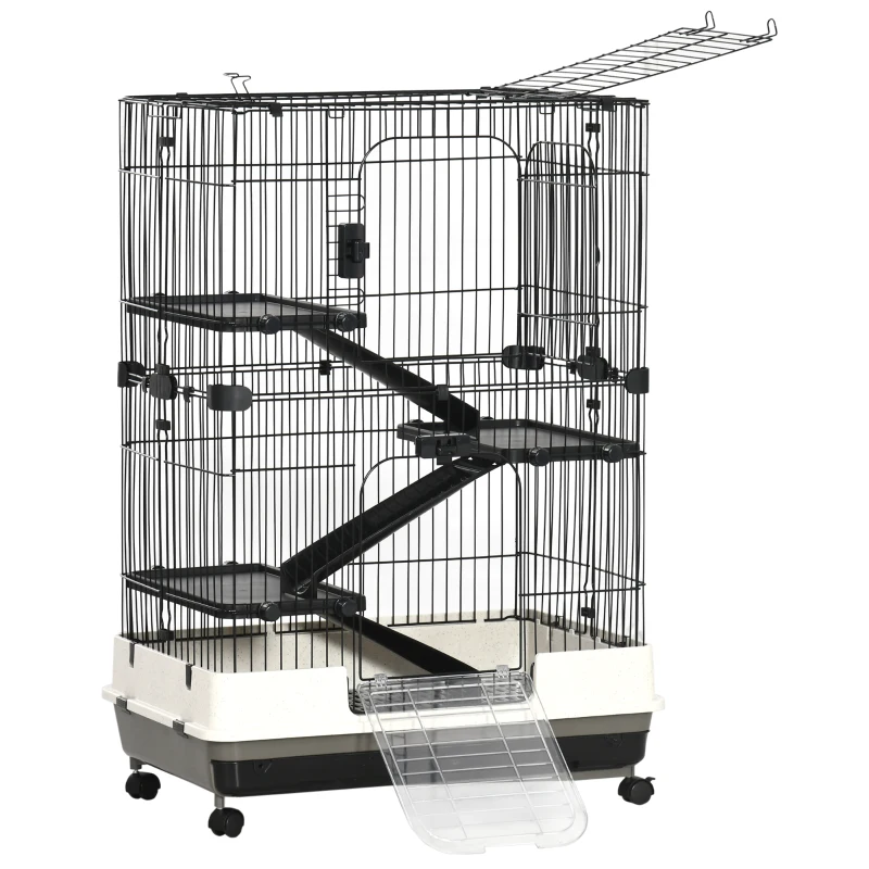 PawHut 45"H 4-Level Small Animal Cage Rabbit Hutch with Universal Lockable Wheels, Slide-out Tray for Bunny, Chinchillas, Ferret, Black
