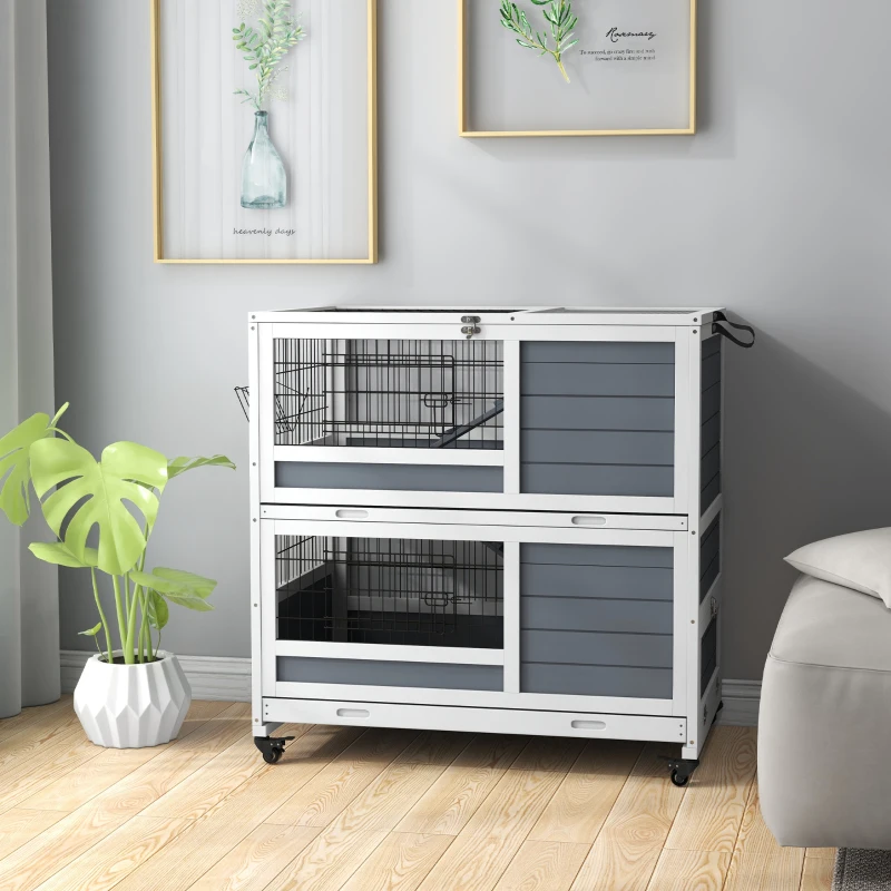 PawHut 2-Tier Indoor Rabbit Hutch Rabbit Cage with Wheels, Feeding Trough, Gray