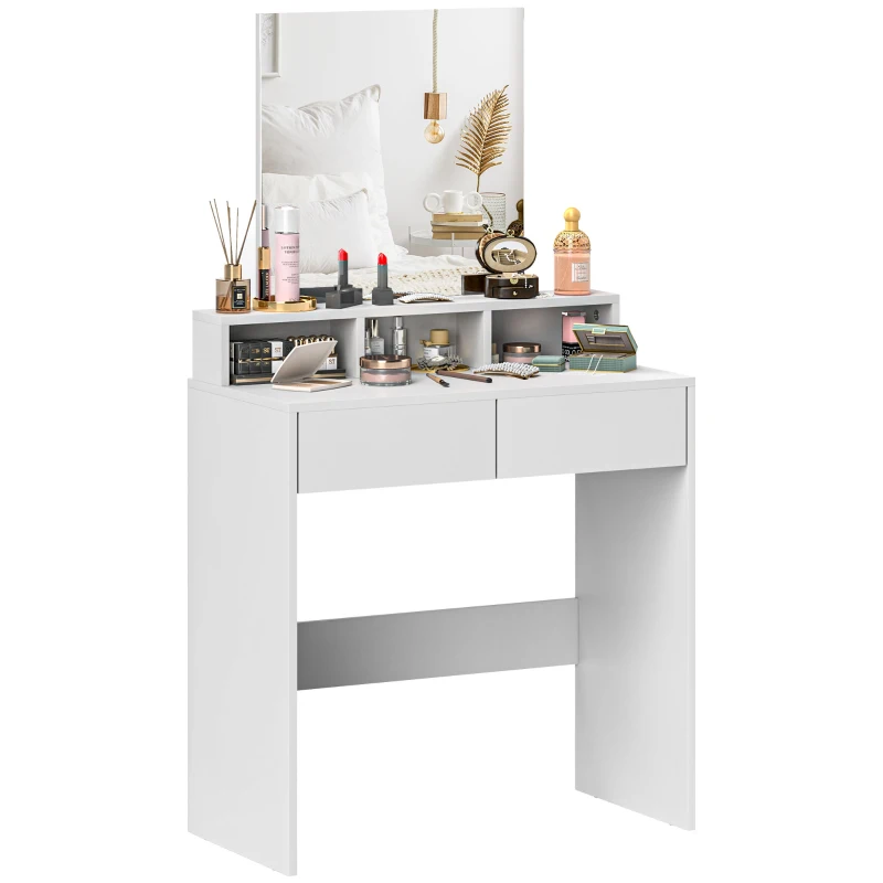 HOMCOM Makeup Vanity Table with Mirror, for Bedroom, Modern Dressing Table with Drawers, Compartments, White