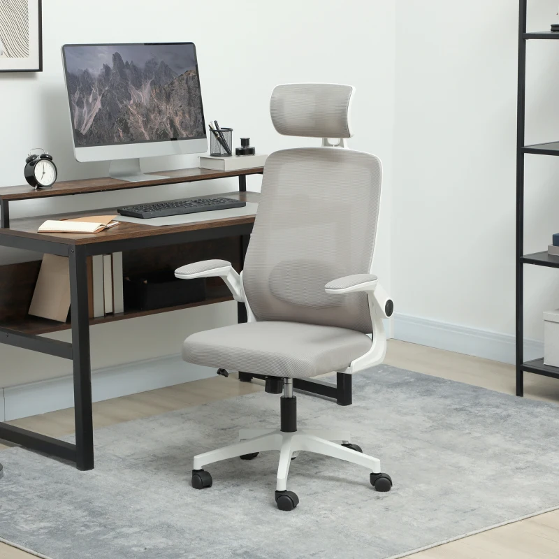 HOMCOM Mesh Office Chair, Ergonomic Desk Chair with Flip-up Armrest, Rotatable Headrest, Adjustable Lumbar Support, Gray