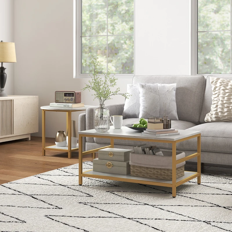 HOMCOM Coffee Tables Set of 2, Rectangle and Round Coffee Table with Storage Shelves, Faux Marble Top, Living Room Table Set