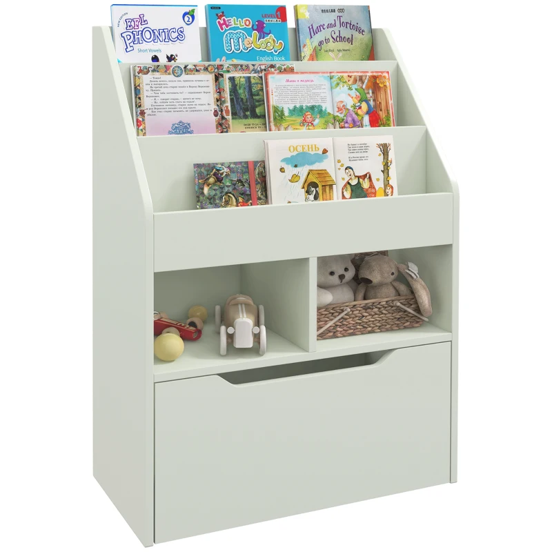 HOMCOM Kids Bookcase Multi-Shelf Book Rack with Mobile Drawer for Books, Toys, Pale Green
