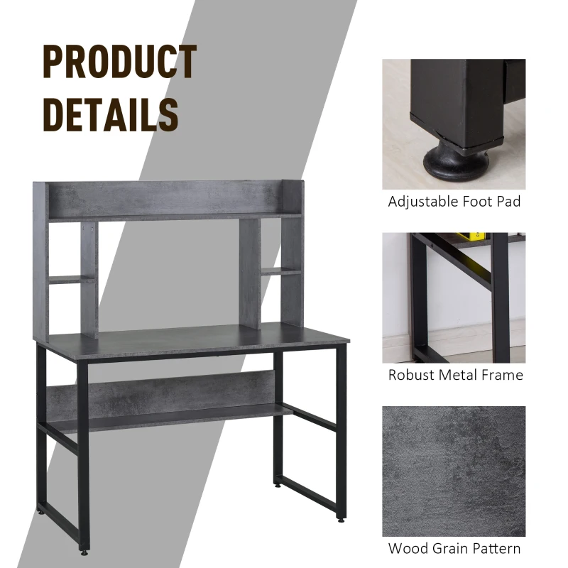 HOMCOM Office Computer Desk Writing Table Workstation with Storage Shelves, Decorative Hutches, & Strong Build, Grey