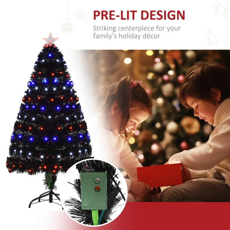 HOMCOM 4ft Prelit Artificial Christmas Tree with LED Lights, Multicolored Fiber Optics and Realistic Branch Tips, Black