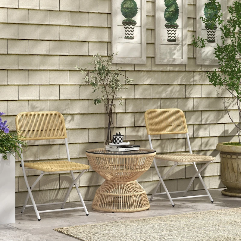 Outsunny Rattan Outdoor Coffee Table, Patio End Table with Tempered Glass Tabletop & Steel Frame, Wicker Furniture, Nature Wood