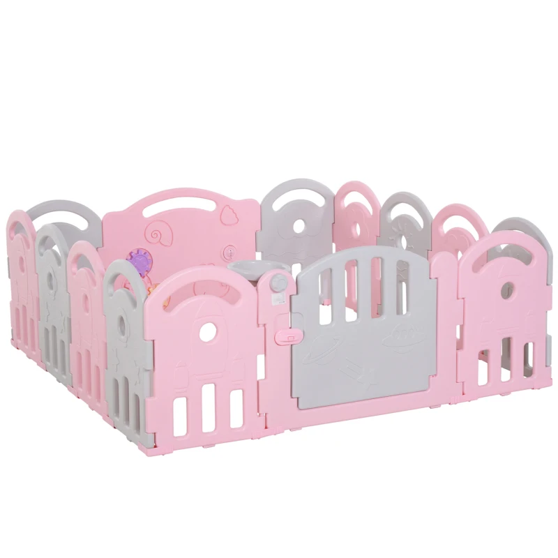 Qaba Baby Enclosure, 14 Panels Baby Playpen Baby Play Yard, Indoor & Outdoor Kids Activity Center, Pink