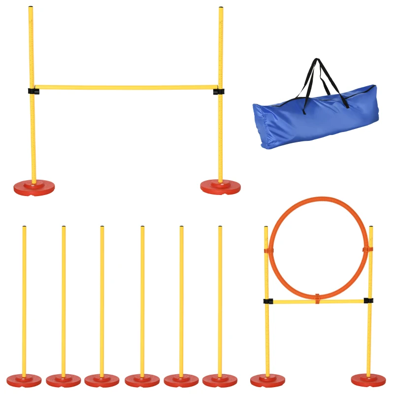 PawHut 3PCs Portable Pet Agility Training Obstacle Set for Dogs w/ Adjustable Weave Pole, Jumping Ring, Adjustable High Jump