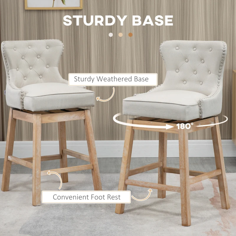 HOMCOM Memory Swivel Bar Stools Set of 2, Upholstered Fabric Bar Height Barstools with Tufted Back, Nailhead-Trim and Solid Wood Legs, 30" H Seat Height Kitchen Stools, Cream