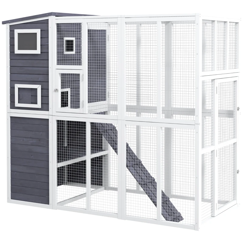 PawHut Wooden Outdoor Catio with Platforms, Asphalt Roof, Ramps, Light Gray