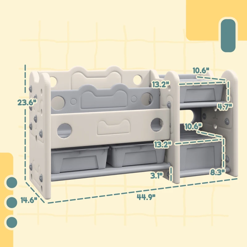 Qaba 2 Tier Kids Toy Storage Organizer with 4 Storage Boxes, Bookshelves, for Kids Room, Nursery, Playroom, Cream White