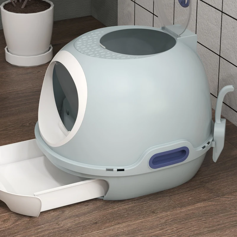 PawHut Cat Litter Box Toilet with Lid, Covered Litter Box with Scoop, Enclosed Drawer, and Skylight, Blue