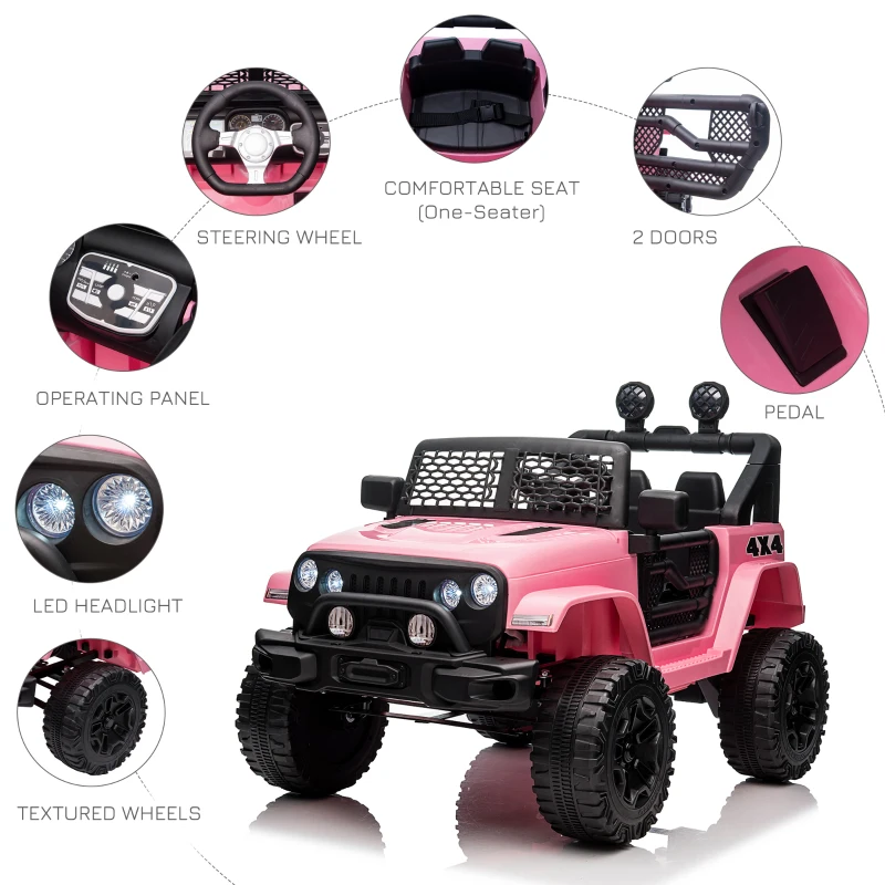 Aosom 12V Kids Ride On Truck with Parent Remote Control, Battery Powered Electric Car with Spring Suspension, Adjustable Speed, LED Lights and Horn, Pink