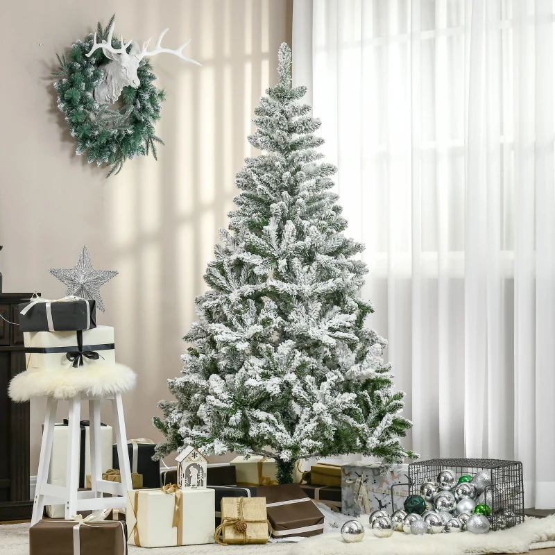 HOMCOM 6' Tall Unlit Snow Flocked Pine Artificial Christmas Tree with Realistic Branches, Green
