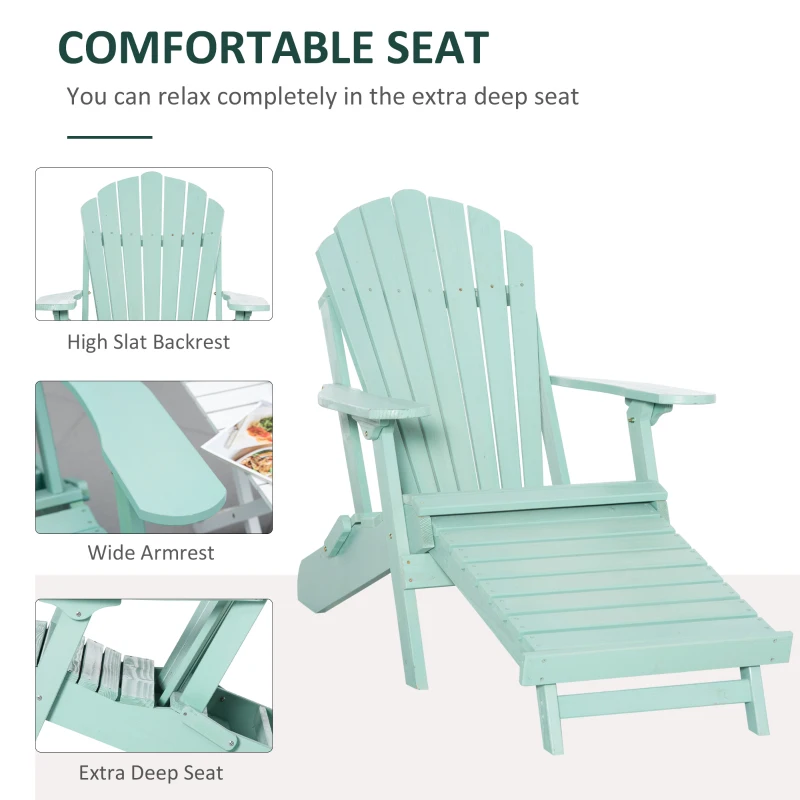 Outsunny Folding Adirondack Chair, Muskoka Chair with Pull-out Footrest, Outdoor Wooden Fire Pit Lounger for Patio, Porch, Poolside, Garden, Green