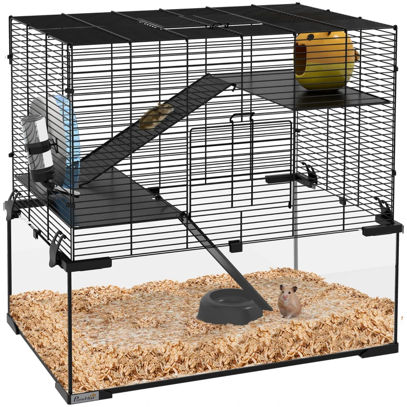 PawHut Hamster Cage, Gerbil Cage with Glass Basin for Small Hamsters, Black