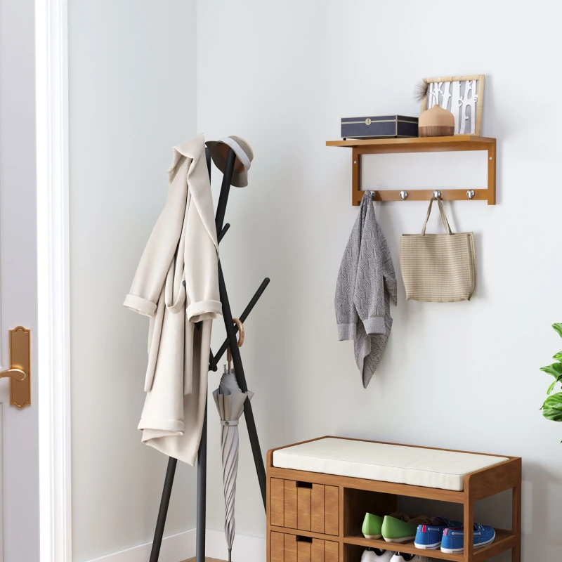 HOMCOM 20" Wall-mounted Entryway Coat Rack Bamboo Wall Shelf Organizer with 4 hooks