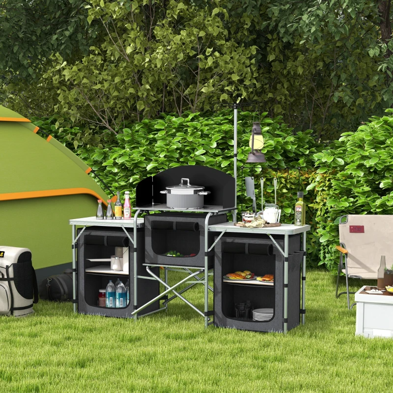 Outsunny Aluminum Camping Kitchen, Portable Folding Camping Table with Fabric Cupboards, Windshield, Bag for BBQ, Picnic, Black