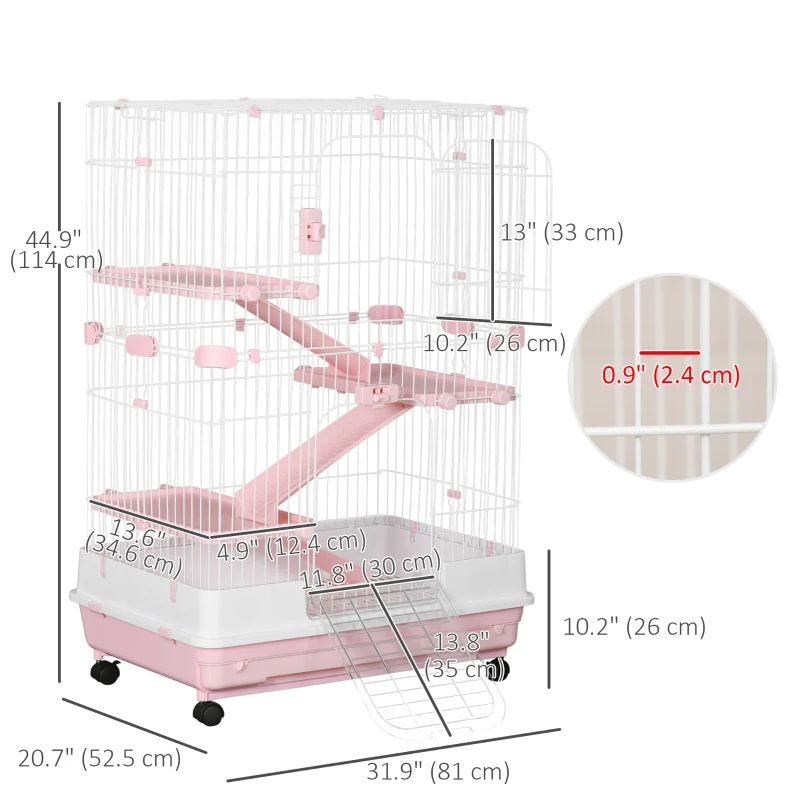 PawHut 32"L 4-Level Small Animal Cage with Universal Lockable Wheels, Slide-out Tray for Bunny, Chinchillas, Ferret, Pink