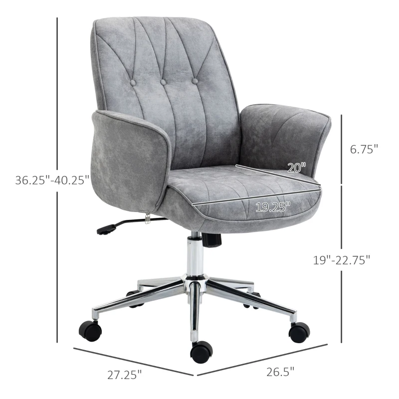 Vinsetto Microfiber Home Office Chair, Height Adjustable Button Tufted Computer Desk Chair with Swivel Wheels, Tilt Function and Padded Armrests, Light Gray
