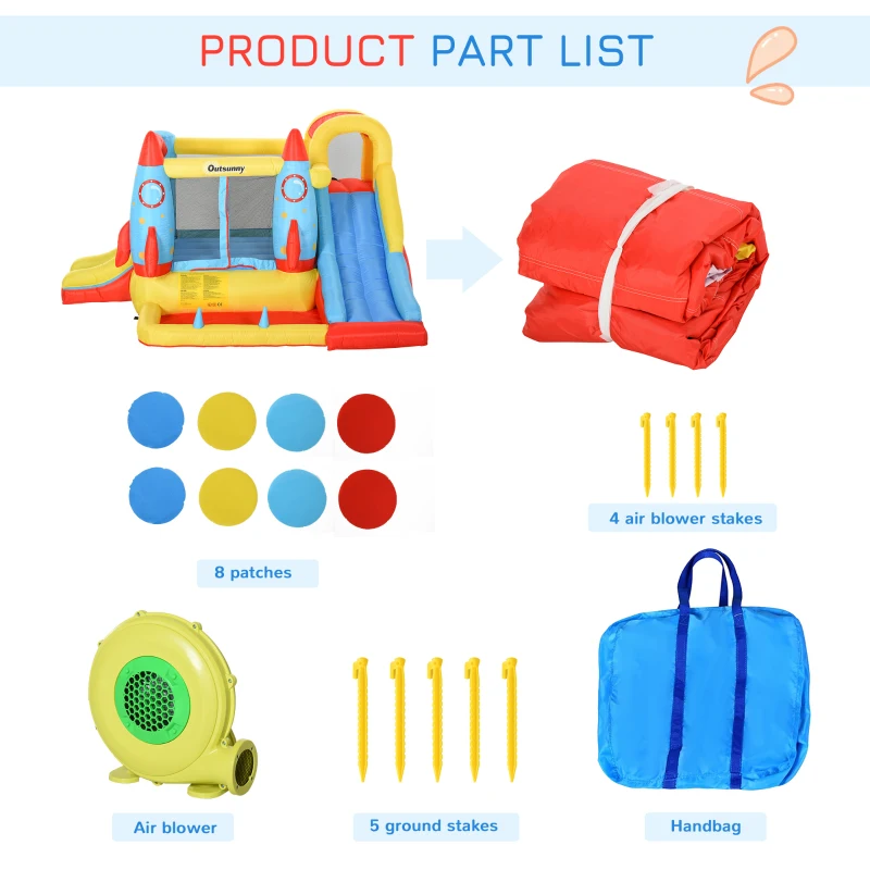 Outsunny Kids Bounce House, 4-in-1 Rocket Inflatable Water Slide Jumping Castle with 2 Slides, Climbing Wall, Trampoline, & Water Pool Area, Air Blower