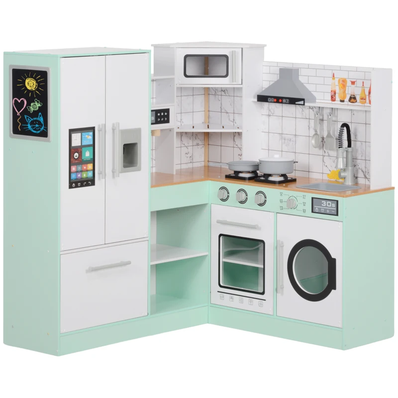 Qaba Play Kitchen, Corner Kids Kitchen Playset w/ Chalkboard, Range Hood, Ice Maker, Stove, Microwave, Sound & Lights