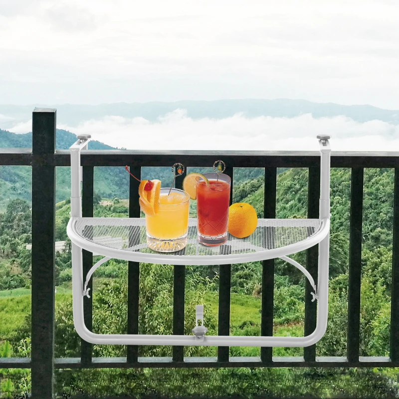 Outsunny Adjustable Balcony Hanging Railing Table, Metal Mounting Mini Wall Desk Storage Rack, Outdoor Flower Stand Serving Table Half Round, White