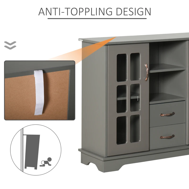 HOMCOM Sideboard Buffet Cabinet, Kitchen Cabinet, Coffee Bar Cabinet with 2 Framed Glass Doors, 2 Drawers and 2 Open Shelves for Living Room, Gray