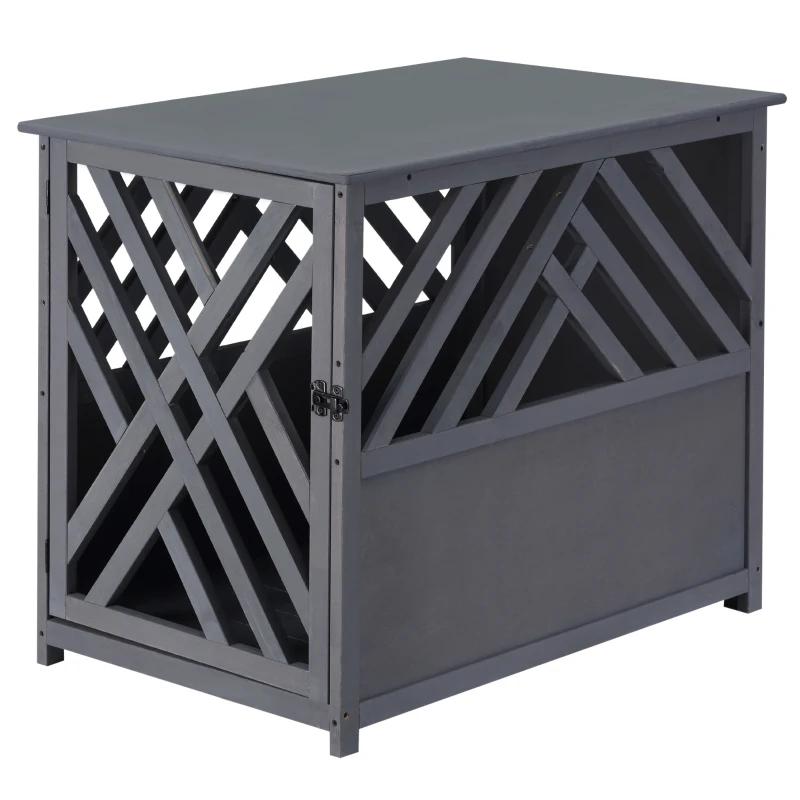 PawHut Furniture Style Wood Dog Crate End Table Decorative Dog Cage Kennel Lattice Night Stand with Lockable Door, Grey
