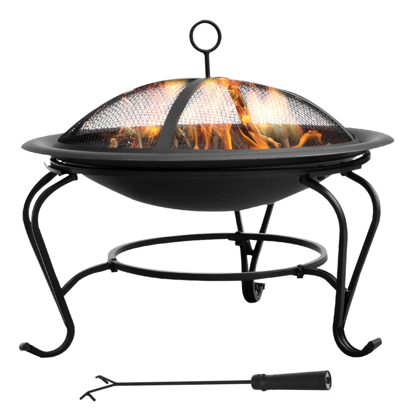 Outsunny 22" Round Firepit Patio Fireplace Garden Heater Portable Wood Burning Porch with Poker and Spark Screen Black