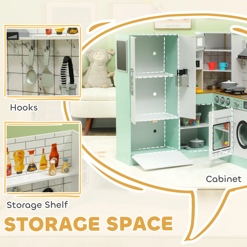 Qaba Play Kitchen, Corner Kids Kitchen Playset w/ Chalkboard, Range Hood, Ice Maker, Stove, Microwave, Sound & Lights