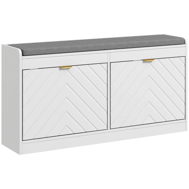HOMCOM Narrow Storage Bench, Upholstered Entry Way Bench, Shoe Rack Bench with 2 Flip Drawers, 2 Vents for 8 Pairs of Shoes