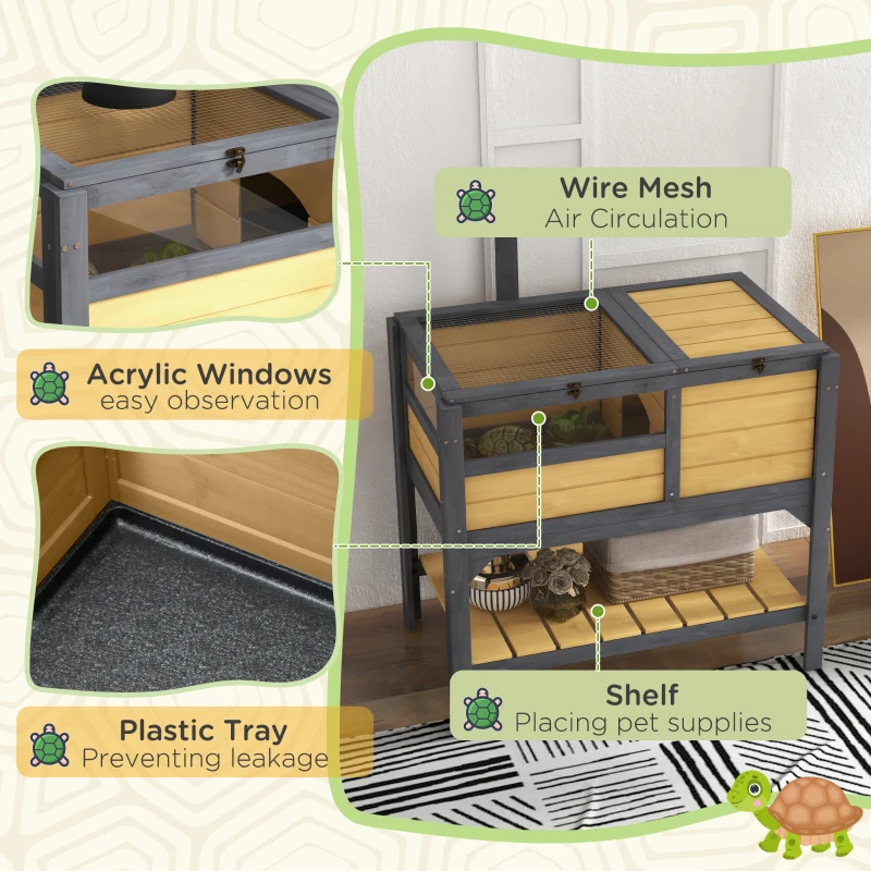 PawHut Tortoise Habitat with Shelf Storage Tortoise Gift Accessory with Weather Protection for Indoor, Yellow